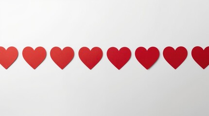 Eight red hearts in a row on a plain white background. The photo shows eight red hearts neatly arranged in a straight line on white.