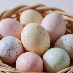 Colorful speckled eggs fill a wicker basket with soft pastel shades. The eggs display various hues like pink, white, and cream with delicate brown speckles.