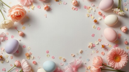 Pastel eggs, pink flowers, and petals form a soft circular frame. Delicate pink blossoms, confetti pieces, and pastel eggs create a gentle border on white.