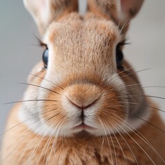 A closeup of a brown rabbits face with big eyes. The rabbits long whiskers and soft brown fur are clearly visible in sharp focus.