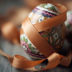 Ornate egg wrapped in brown ribbon on a dark surface. The decorated egg has colorful patterns including pink flowers and green leaves with soft blur.