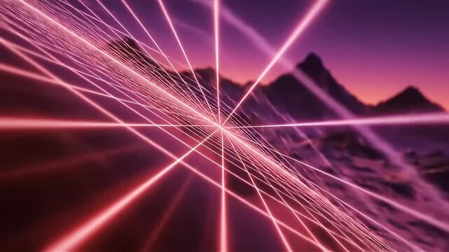 Retro futuristic landscape with vibrant neon gridlines converging towards distant mountains under a dramatic purple and pink sunset sky synthwave aesthetic