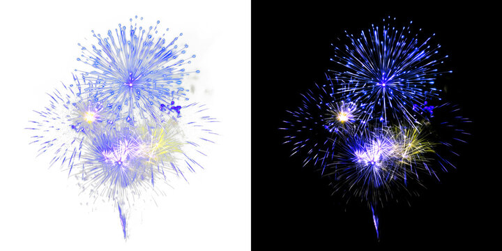 Deep blue and white fireworks bursts for celebration events on transparent background including dark background reference