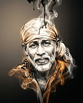Sai Baba Portrait with Smoke and Spiritual Aura