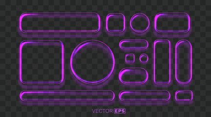 Collection of glowing purple neon frames and buttons.