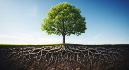 Obraz premium Green tree with exposed roots in earth under blue sky