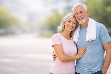 Obraz premium A happy senior couple embraces outdoors after a workout. The man has a white towel around his neck, and both wear athletic shirts against a blurred park backdrop.