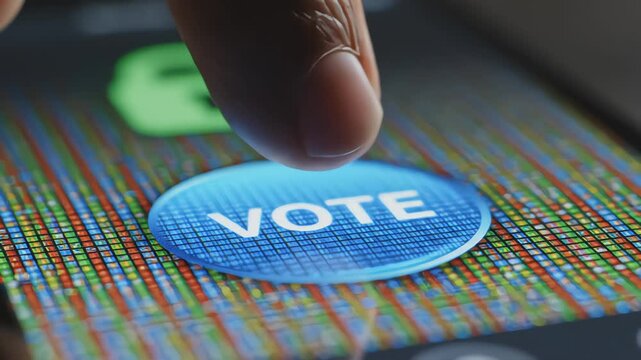 Macro shot of finger pressing blue digital vote button on smartphone screen for secure online election concept