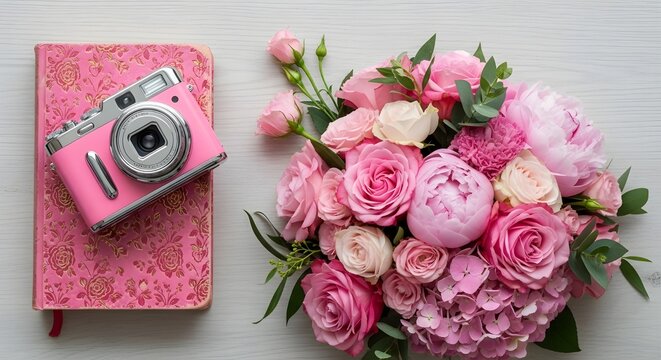 Kamera digital pink dengan buket bunga mawar pink 