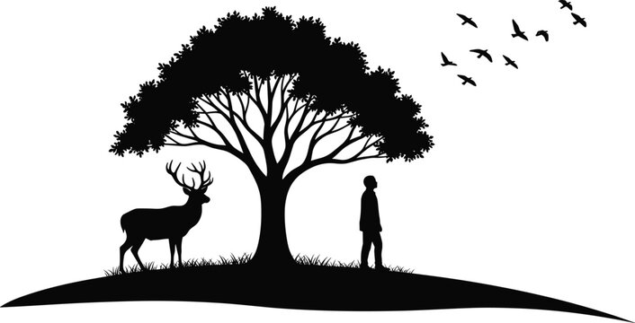 Peaceful nature landscape silhouette with large tree majestic deer buck and person standing under flying birds on white background