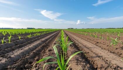Obraz premium Young Corn Plants Growing in Rows on a Farm Under a Blue Sky