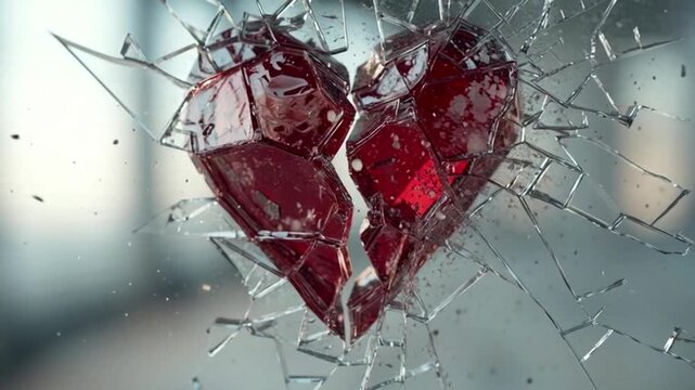 Cracked red heart embedded in shattered glass with sharp shards and a blurred background.