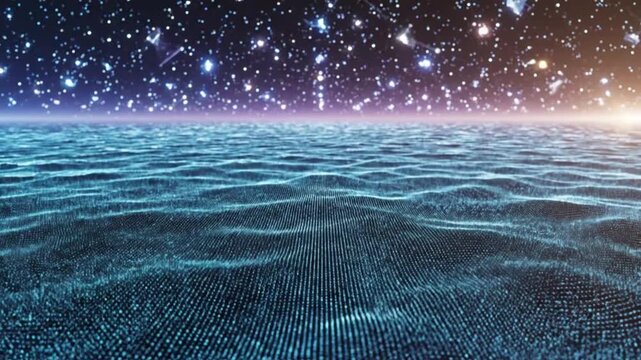 Cosmic Ocean: A mesmerizing depiction of a digital ocean, its surface teeming with energy beneath a starlit sky, evoking a sense of wonder and boundless possibility. 