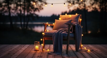 Outdoor chair lit by fairy lights, overlooking a lake at dusk