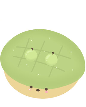 Illustration of a kawaii green grape cream bun, shine muscat cream bread, matcha bread with grapes