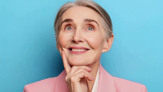 Smiling old woman with a thinking expression in her face 