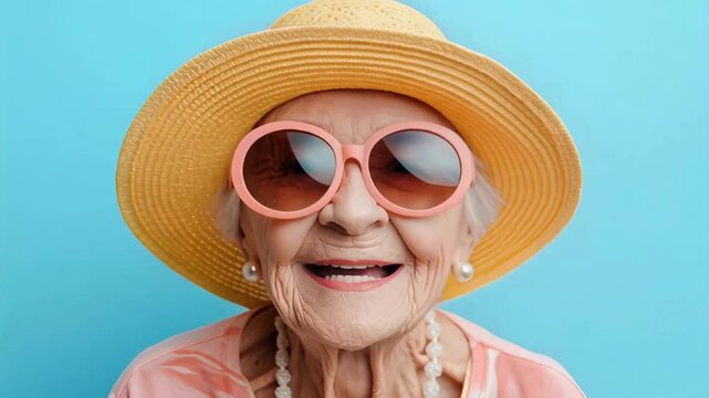 Old and happy woman wearing summer outfit is joy and talking to the camera 