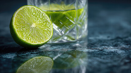 Refreshing Lime Drink with Ice Cubes on Marble Surface.