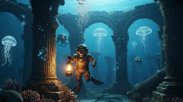Deep sea diver explores underwater ruins with glowing lantern and jellyfish creatures