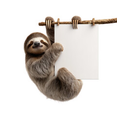 Obraz premium A sleepy sloth hanging and holding a blank sign on transparent background