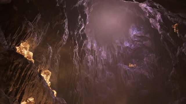 Dramatic cave footage video of a dark cavern with purple and orange lighting, travel, adventure.