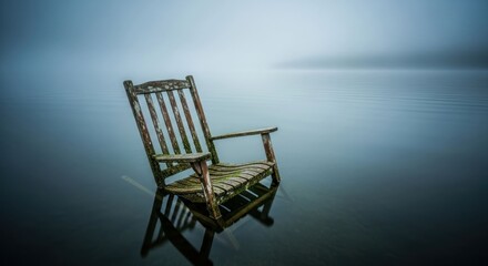 Weathered wooden chair sits in tranquil water, misty atmosphere