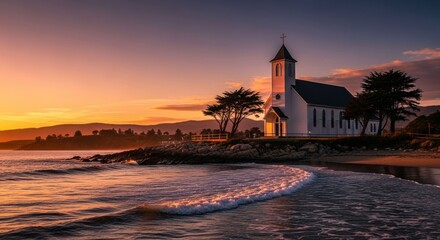 White church by a beach at sunset, vibrant orange hues
