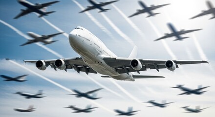 White jumbo jet surrounded by blurred aircraft in flight, vapor trails