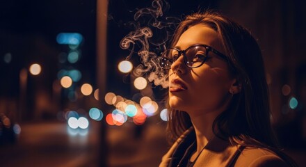 Woman exhaling smoke, lit by streetlights, at night