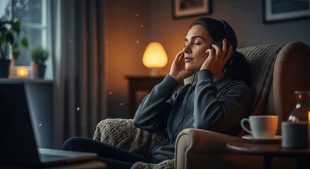 Woman enjoys music with eyes closed in a cozy, dim-lit room