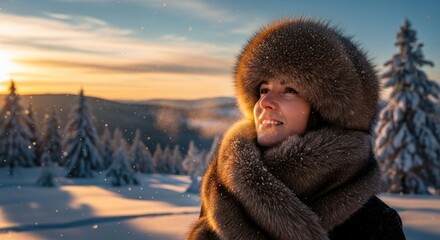 Woman in fur hat smiles, snow-covered forest background, warm light
