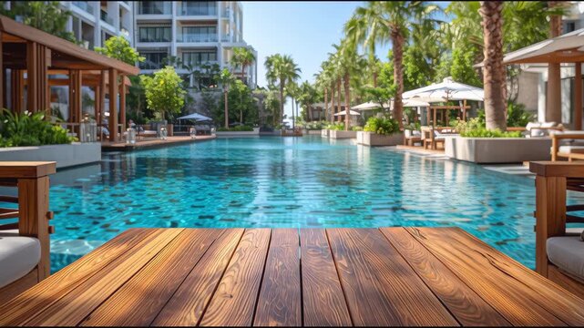 Wooden table positioned in the foreground with a view of a luxurious swimming pool surrounded by palm trees and resort buildings, creating a serene outdoor atmosphere for relaxation