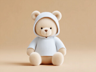 Cute plush teddy bear in a minimal character toy design wearing a soft hoodie in a warm beige studio background