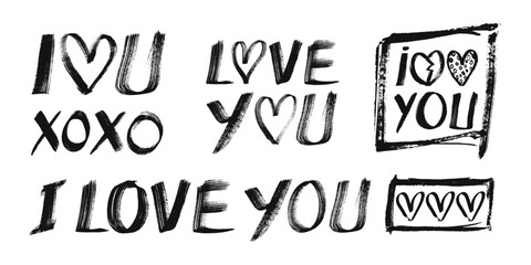 Fototapeta premium Grunge i love you text calligraphy set. Love you words lettering. Brush stroke love typography with romantic hand written phrases and heart shapes. Punk distressed graffiti love icons for Valentines