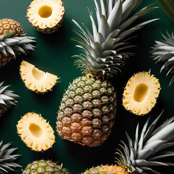 Pineapple fruits with cron on dark green. Food background. Top view