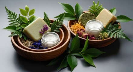 Wooden bowls of natural skincare products with leaves