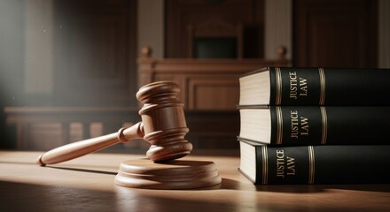 Wooden gavel rests beside law books in a dimly lit courtroom setting