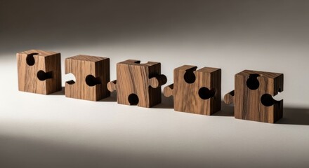 Wooden puzzle pieces in a row, with carved notches