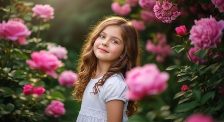 Young girl smiles amidst vibrant pink roses in a sunlit garden