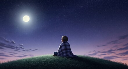 Young person sits on a grassy hill, gazing at the moon in a starry sky