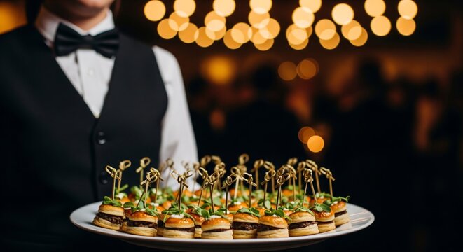 Elegant waiter presenting appetizers at upscale event with warm lighting