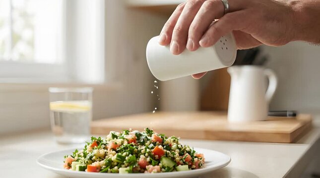Hand Adding Salt to a Fresh Tabbouleh Salad on a White Plate With Bright Kitchen Background
