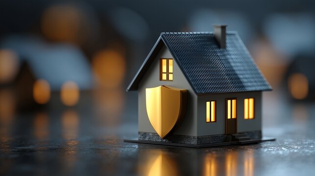 Miniature house with shield symbolizing coverage limit and home warranty protection, warm window light, reflective surface, blurred background.