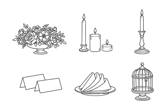 Wedding table decor elements set with candles, flowers and place cards, vector illustration