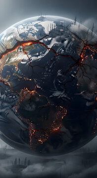 Dramatic depiction of a cracked and burning Earth, symbolizing a global crisis or impending catastrophe