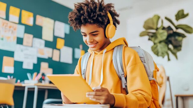 Joyful Young Student Wearing Headphones Interacting with Bright Tablet Device in Classroom Setting