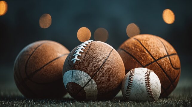 Sports Collection: Basketball, Football, and Baseball on Lush Green Grass