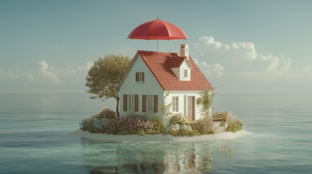 Small house on island under umbrella over calm water symbolizes asset protection and property safeguard against risk.