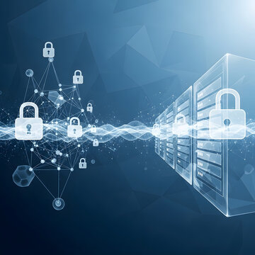 A digital illustration of a secure server with padlocks and network connections