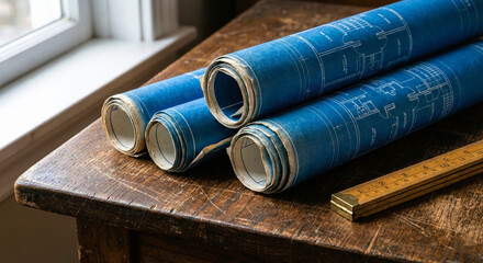 Rolled Architectural Blueprints and Ruler on Wooden Table © sxcd